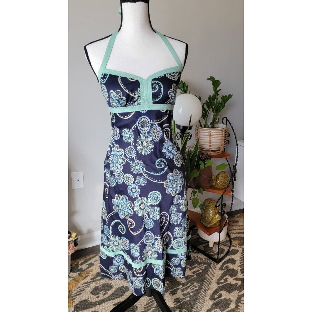 Floral Loft Halter Dress in Navy Blue and Mint Green Size 2